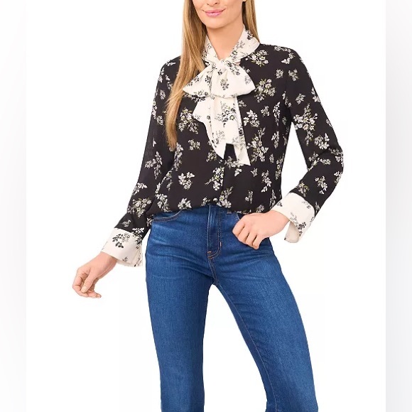 CeCe Women's Floral Bow-Tie V-Neck Button-Up Long Cuff-Sleeve Blouse medium - Picture 1 of 6